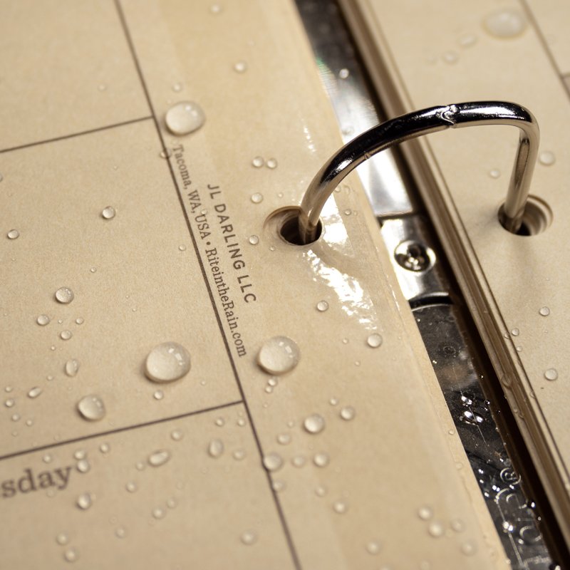 Close up of reinforced loose leaf holes with drops of water