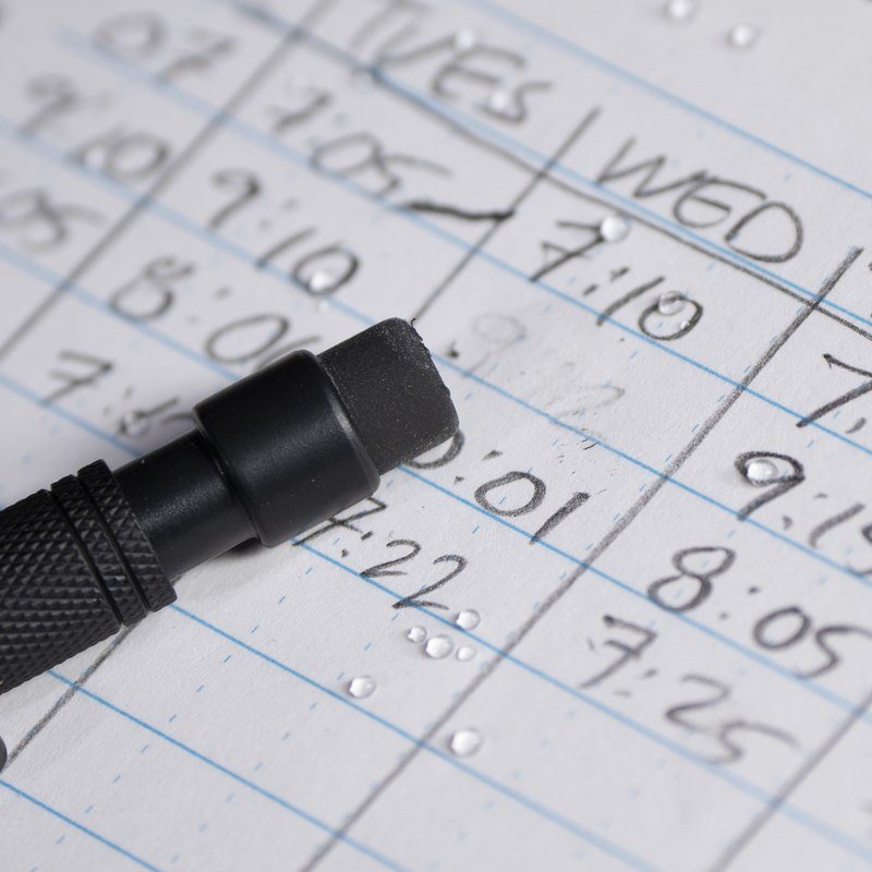 No. 13 eraser  sitting on paper with handwritten chart partially erased.