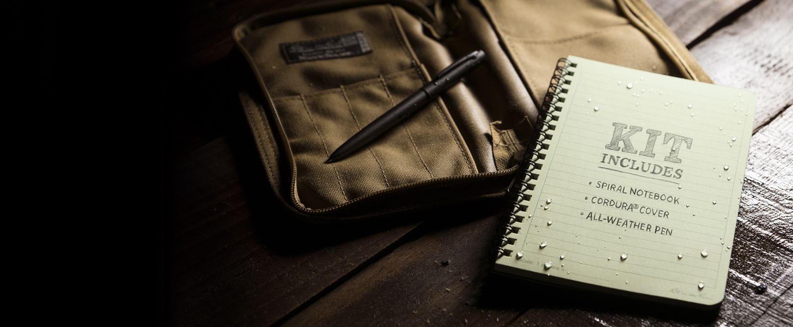 side spiral kit includes all-weather pen, notebook, and CORDURA cover