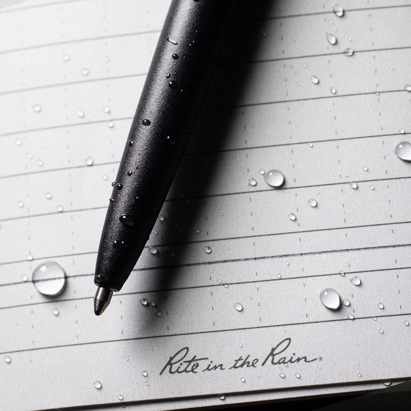 Pen writes through water, sweat, grease.