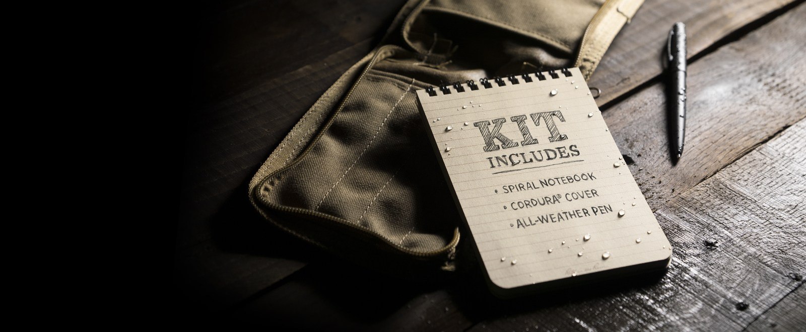 top spiral kit includes notebook, all-weather pen, CORDURA cover